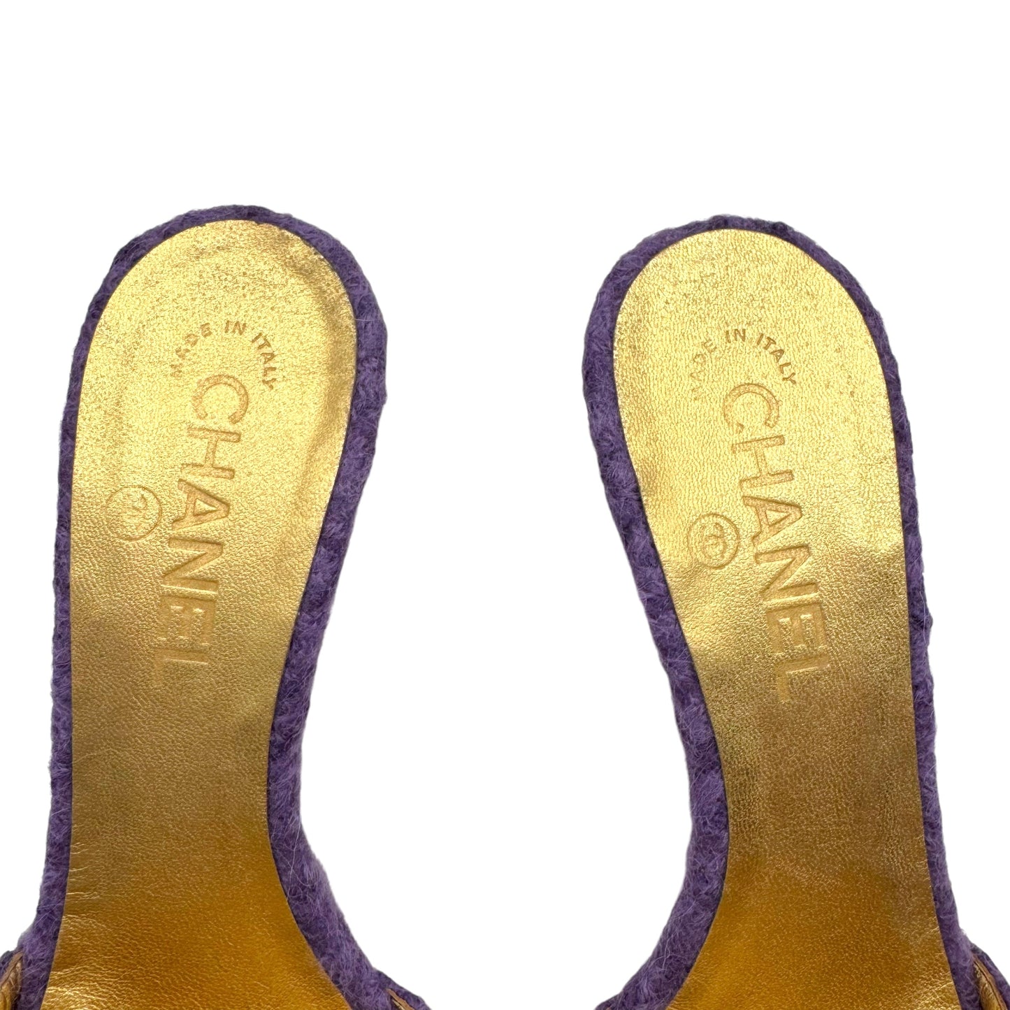 Chanel Purple Knit Mule Heels with Camellia Flower Detail
