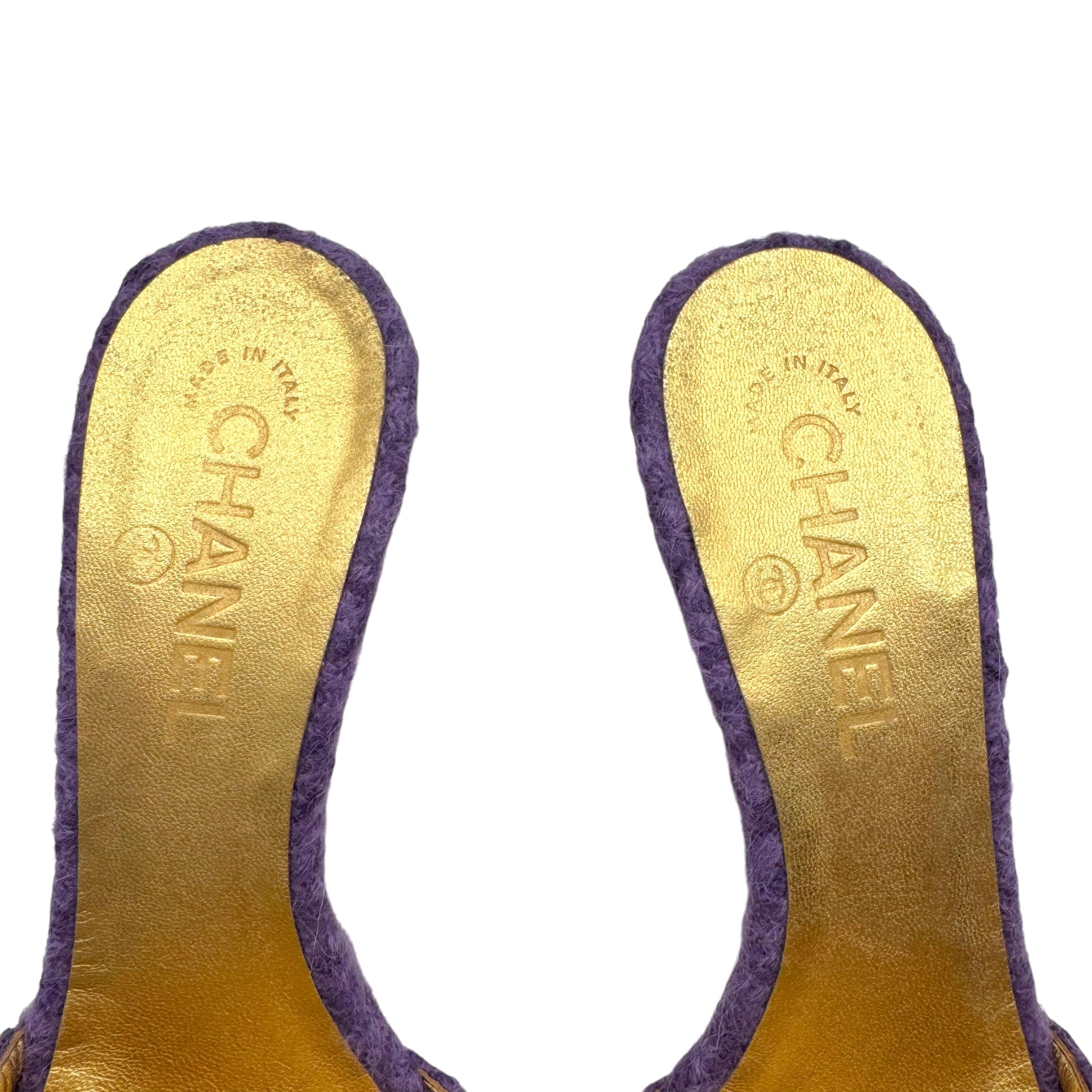 Chanel Purple Knit Mule Heels with Camellia Flower Detail