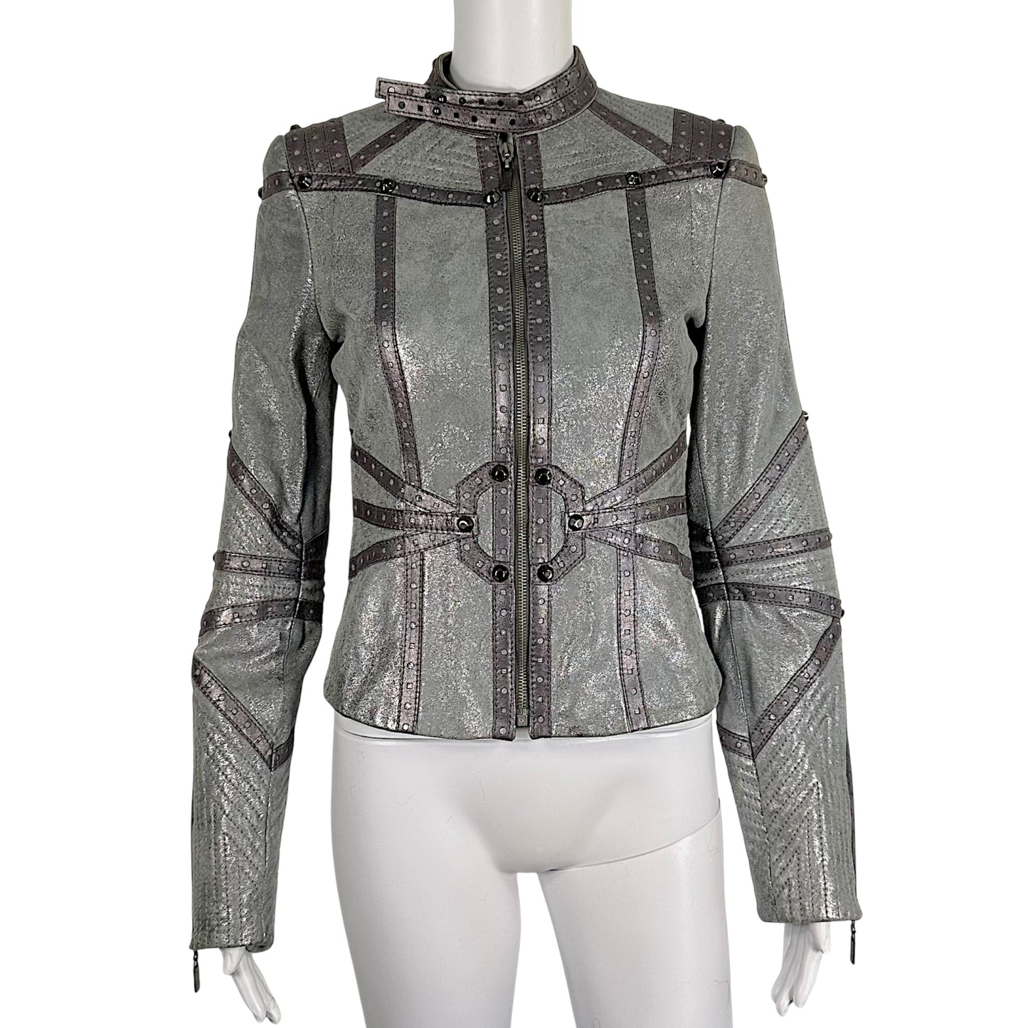Just Cavalli Roberto Cavalli Metallic Silver & Gray Studded Suede Moto Jacket NEW