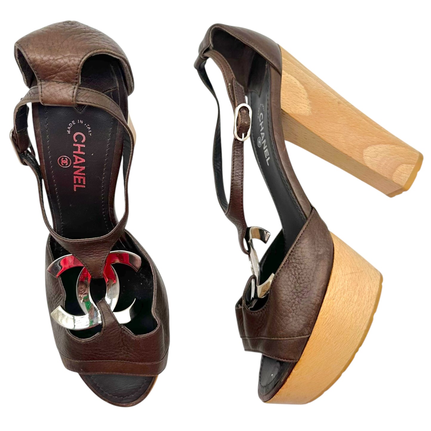 Chanel Brown Leather CC Logo Wooden Platform Heeled Sandals
