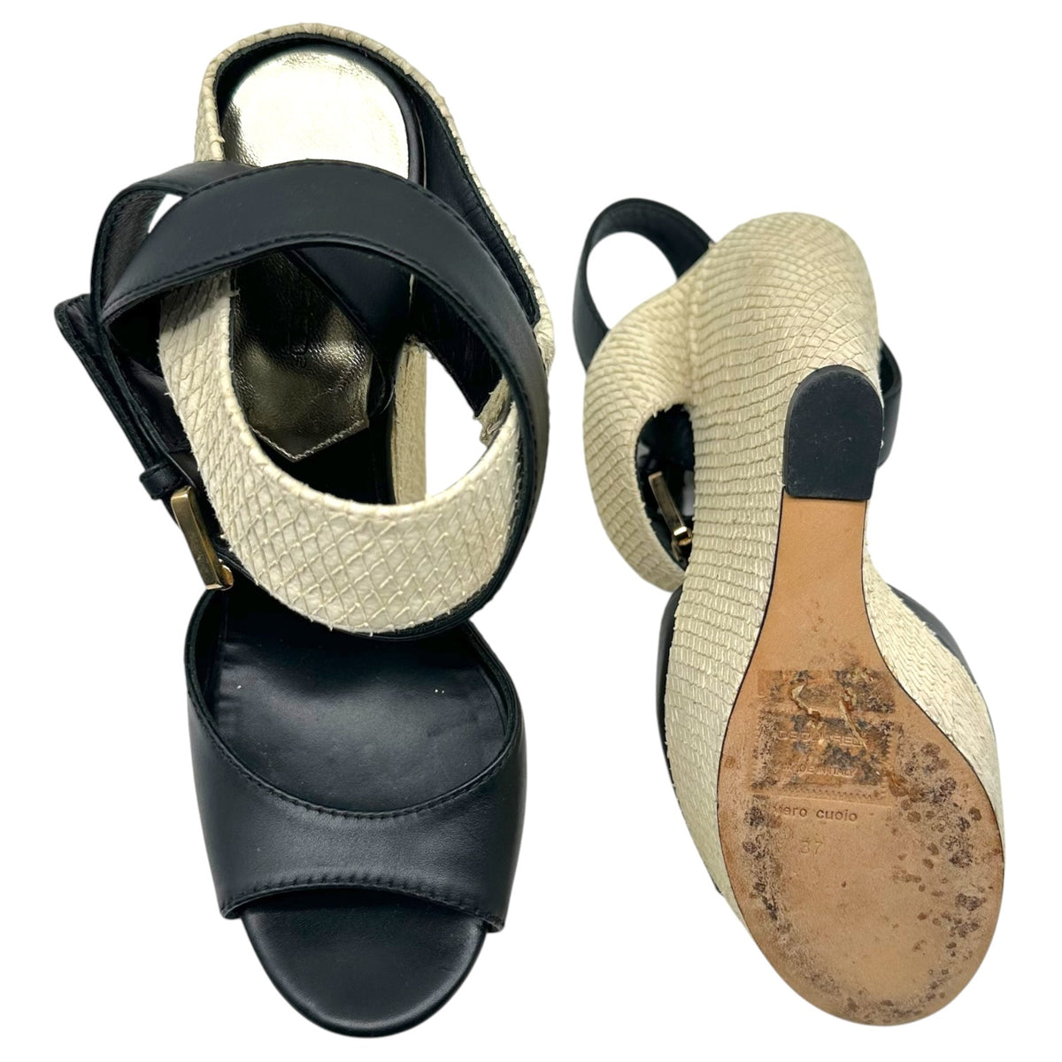 Dsquared2 Ivory Snakeskin Black Leather Platform Wedge Sandals