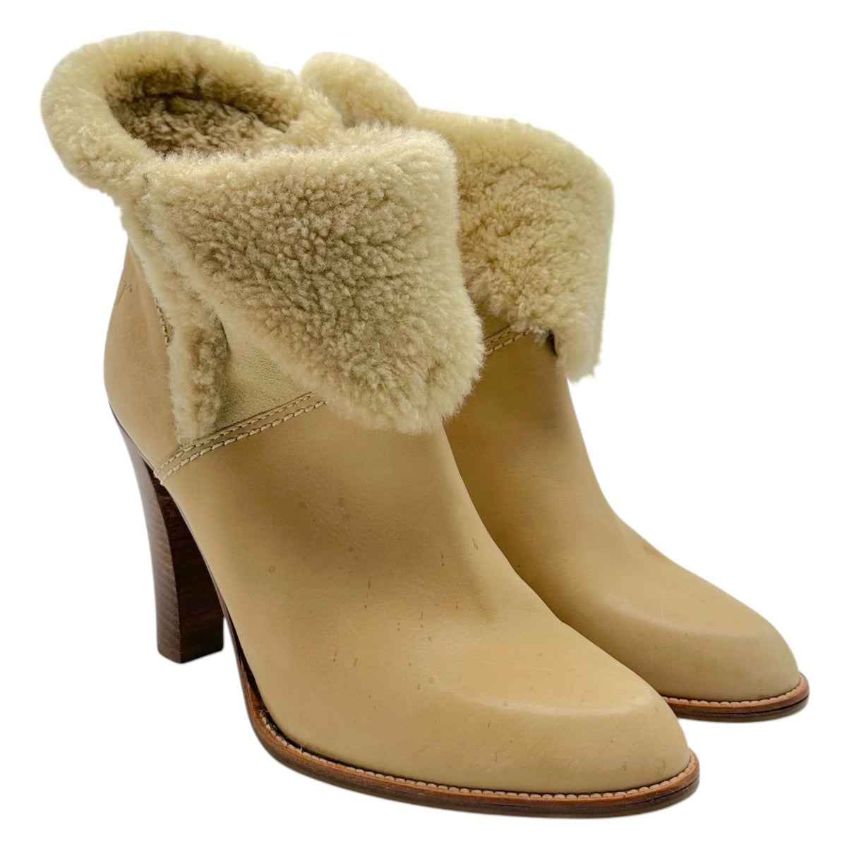 Christian Dior Beige Leather & Shearling Fold-Over Logo Heeled Booties
