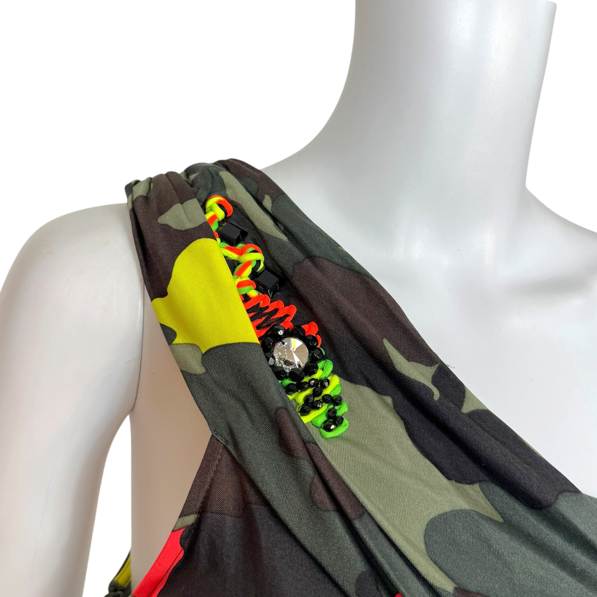 Blumarine Asymmetrical One Shoulder Midi Dress Neon Camouflage