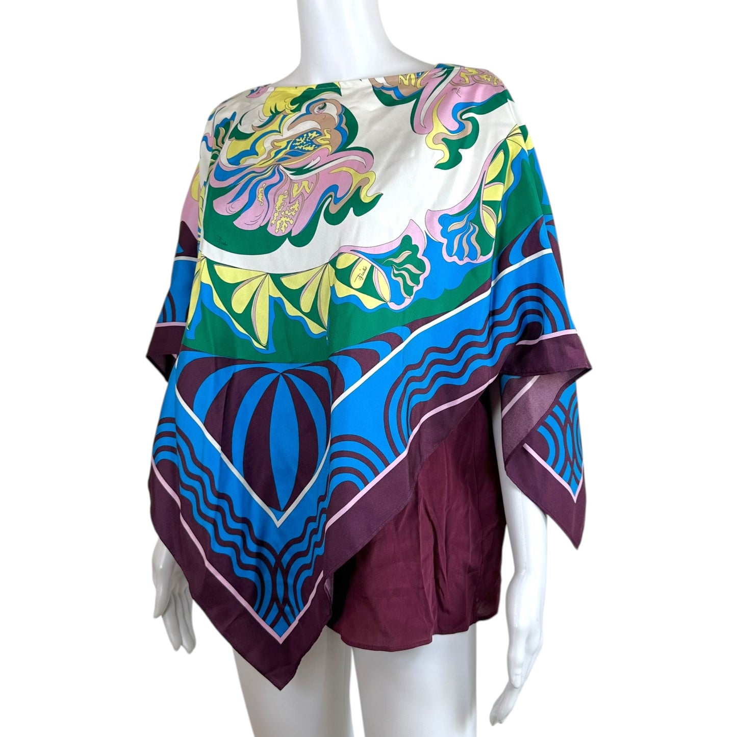 Emilio Pucci Silk Multicolor Printed Asymmetrical Kaftan Blouse