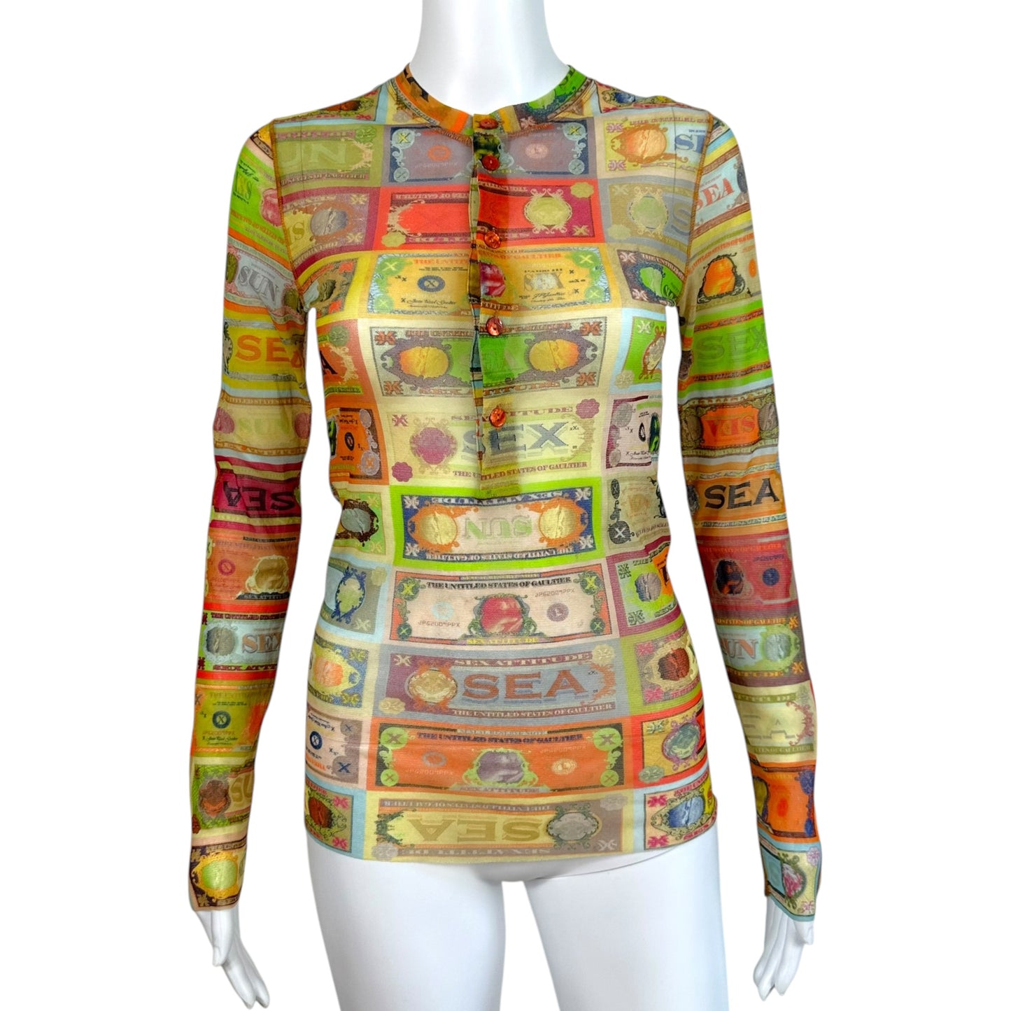 Jean Paul Gaultier Soleil Multicolor Money Print Longsleeve Mesh Top