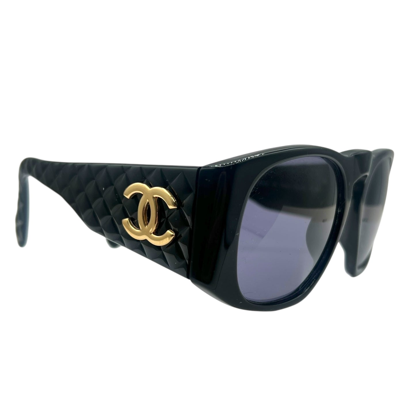 Chanel 01450 90's Black & Gold Matelasse Round Sunglasses w/ Case