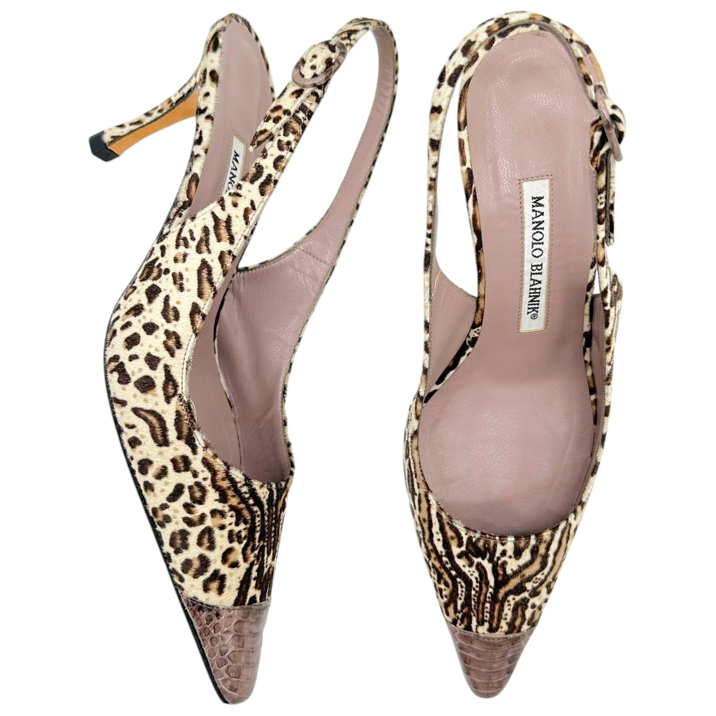 Manolo Blahnik Leopard Print Ponyhair & Snakeskin Slingback Heels