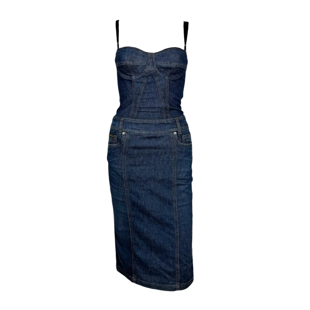 D&G Dolce & Gabbana Dark Wash Denim Bustier Midi Dress