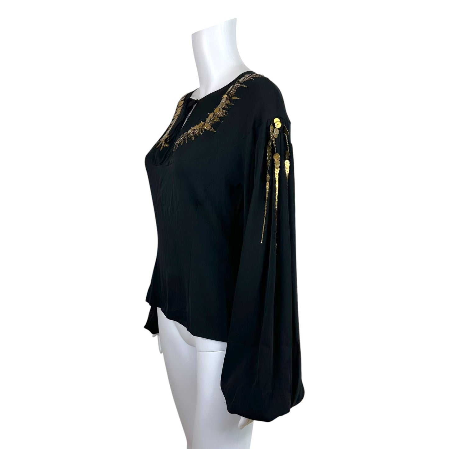 Emilio Pucci Silk Peasant Blouse Black Gold Beaded