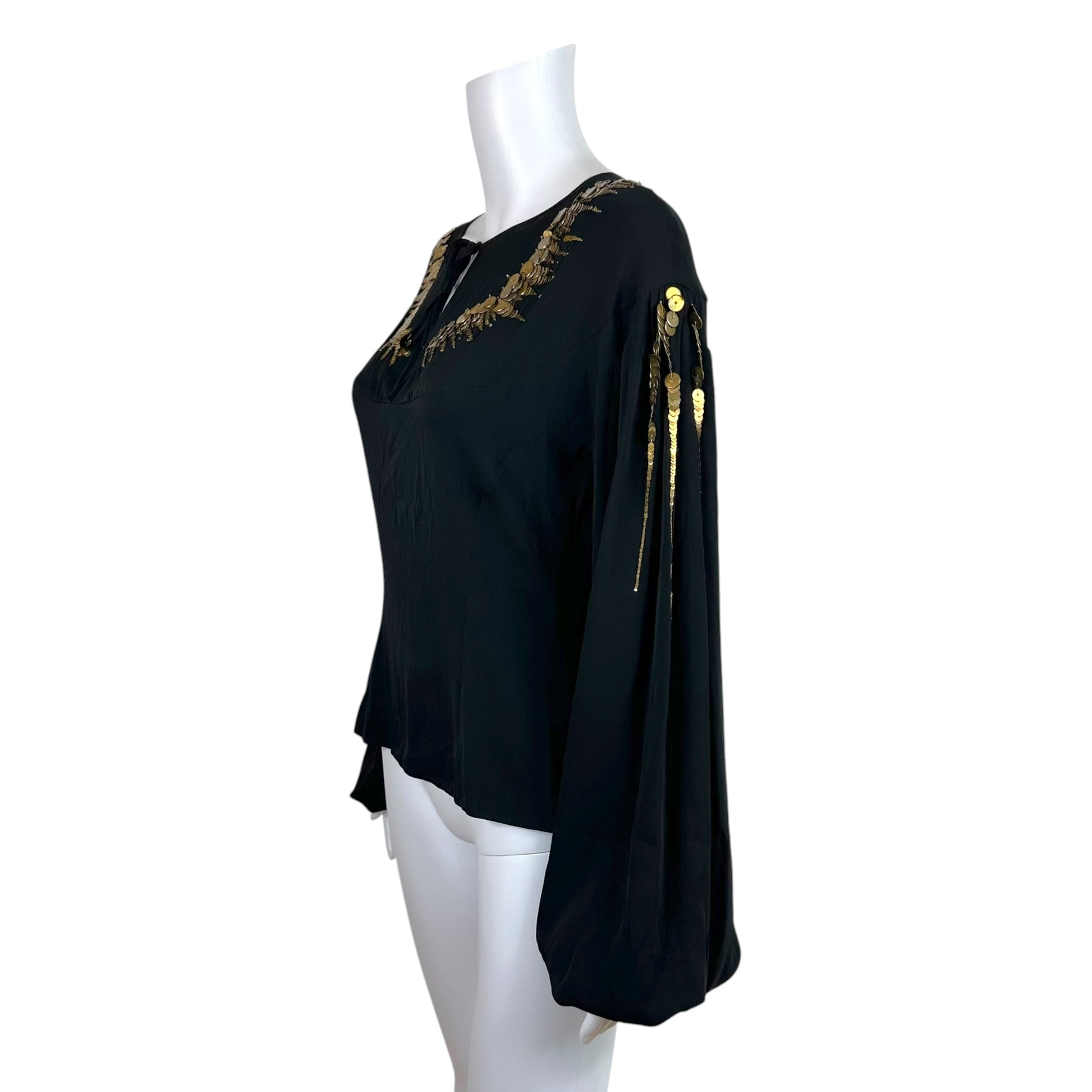 Emilio Pucci Silk Peasant Blouse Black Gold Beaded