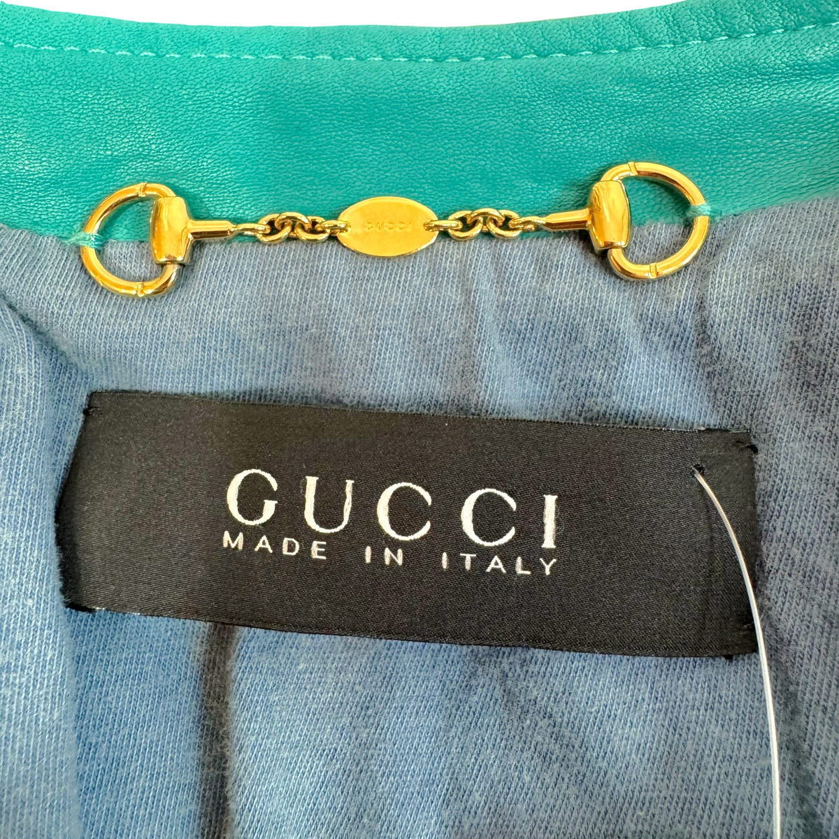 Gucci Cropped Turquoise Perforated Leather Jacket
