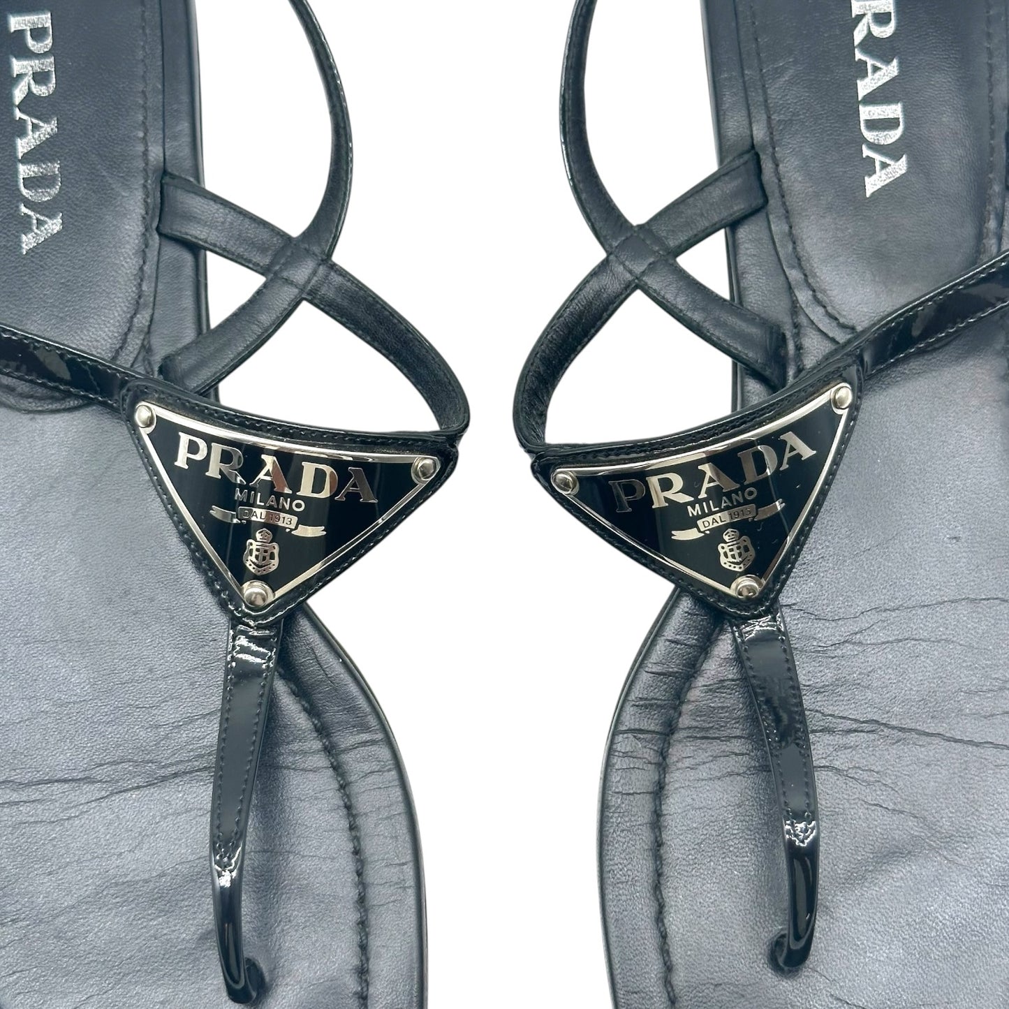 Prada Black Patent Leather & Triangle Logo Flat Thong Sandals