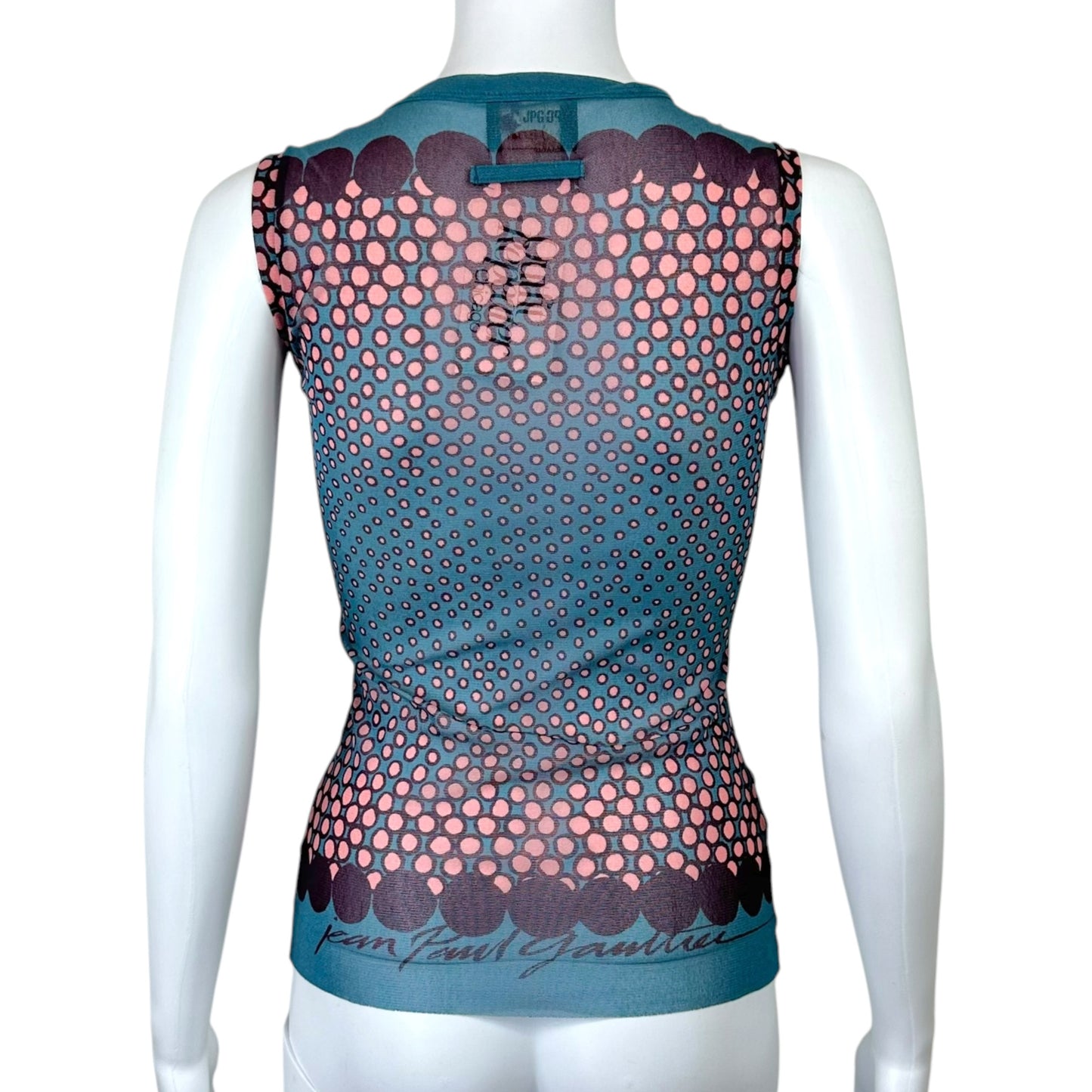 Jean Paul Gaultier Teal & Pink Logo Print Polka Dot Mesh Tank