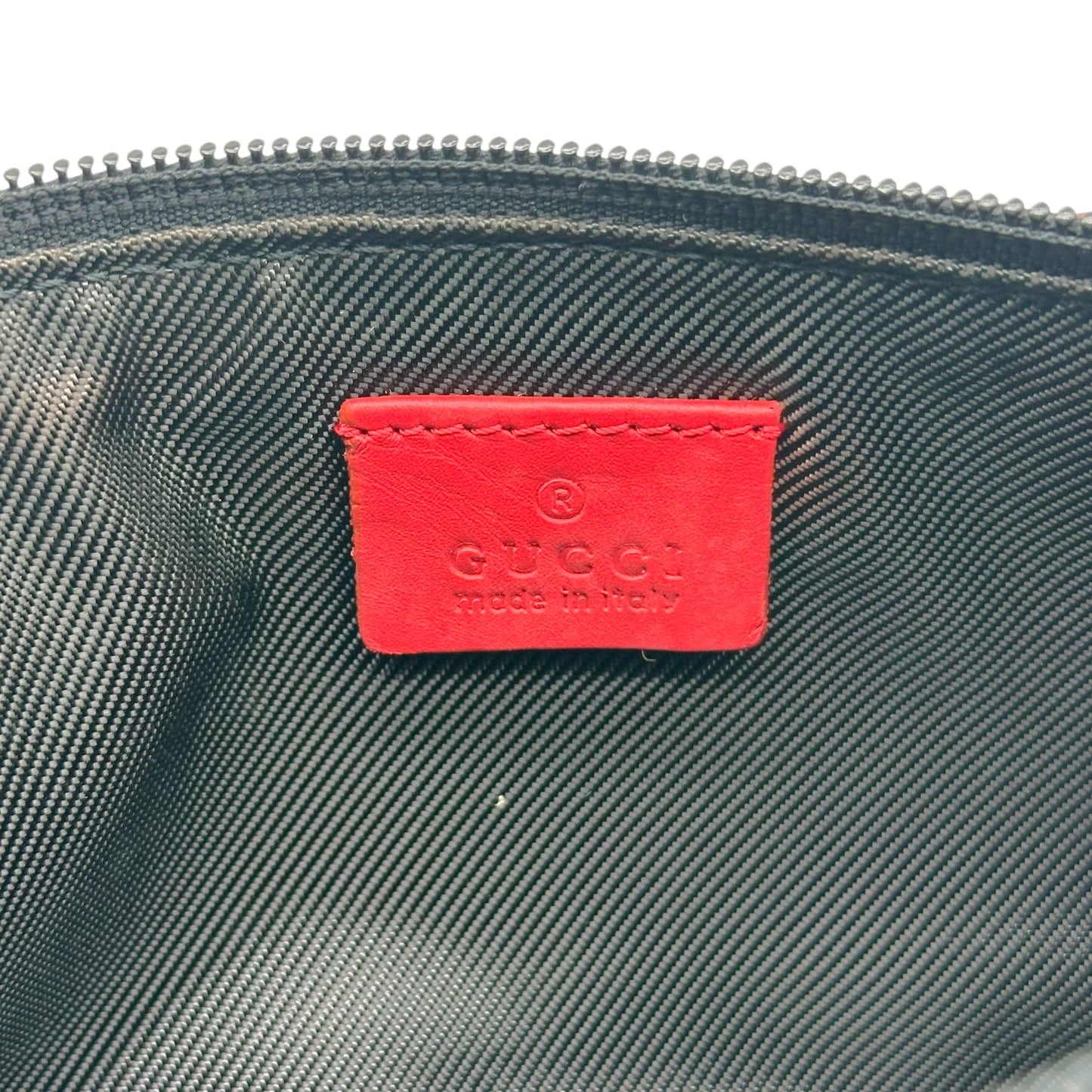 Gucci Red Leather Gray Monogram Boat Pochette Bag