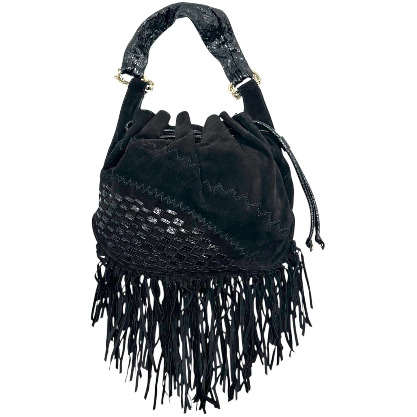 Jimmy Choo Black Suede & Snakeskin Fringe Trim Hobo Bag