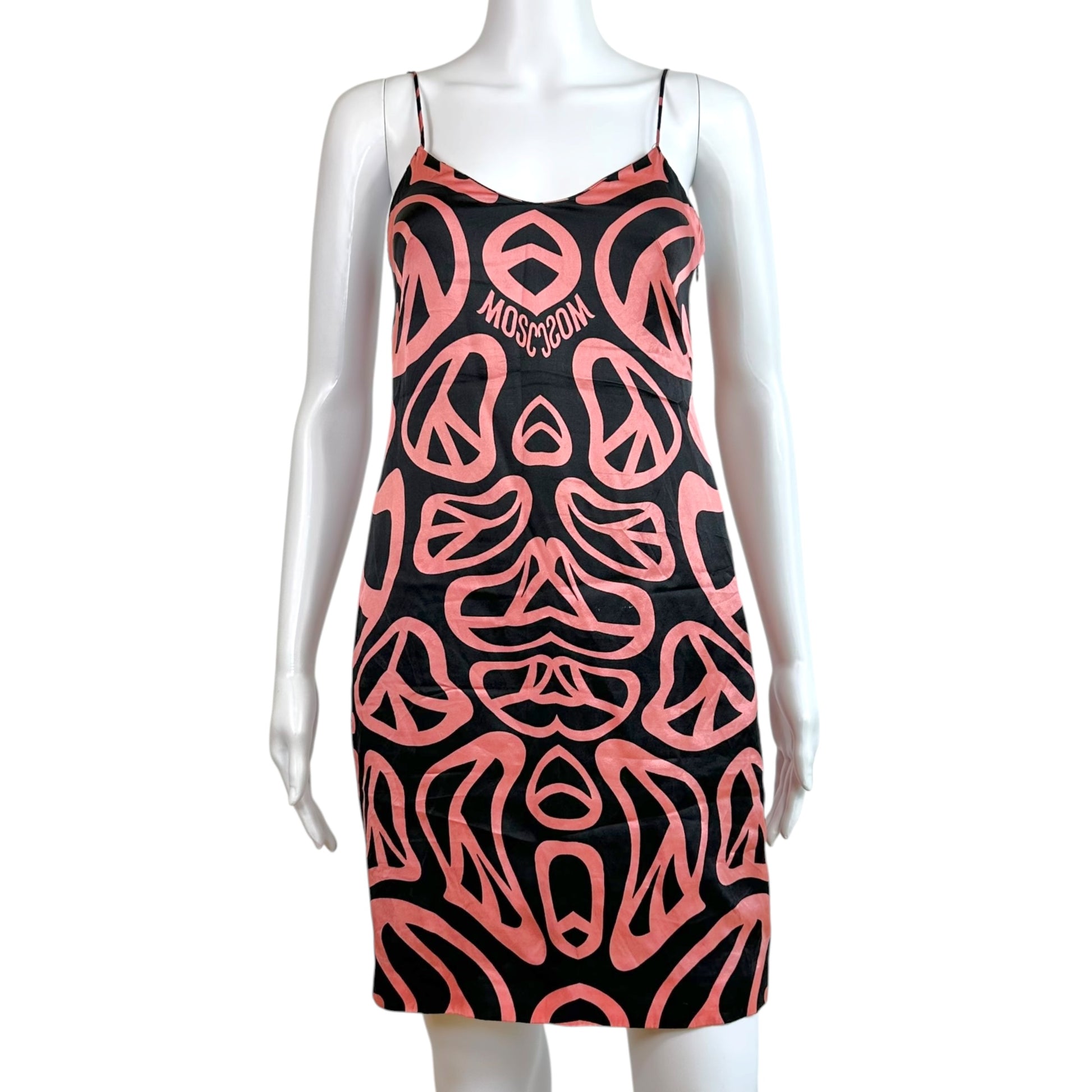 Moschino Silk Mini Dress Pink Black Peace Sign Print