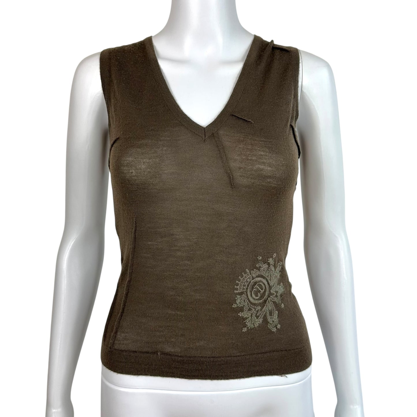Christian Dior F/W 2006 Khaki Green Logo Embroidered Wool Knit Tank