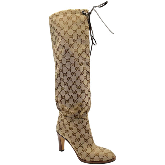 Gucci Tan Monogram Heeled Knee High Boots