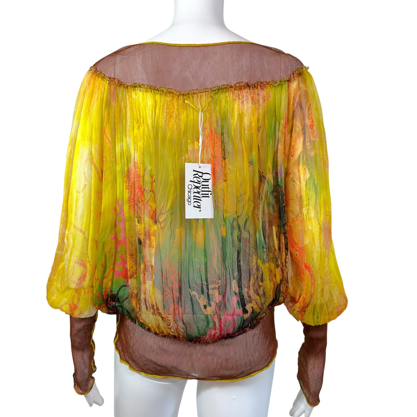 Jean Paul Gaultier Sheer Silk & Mesh Tropical Print Blouse