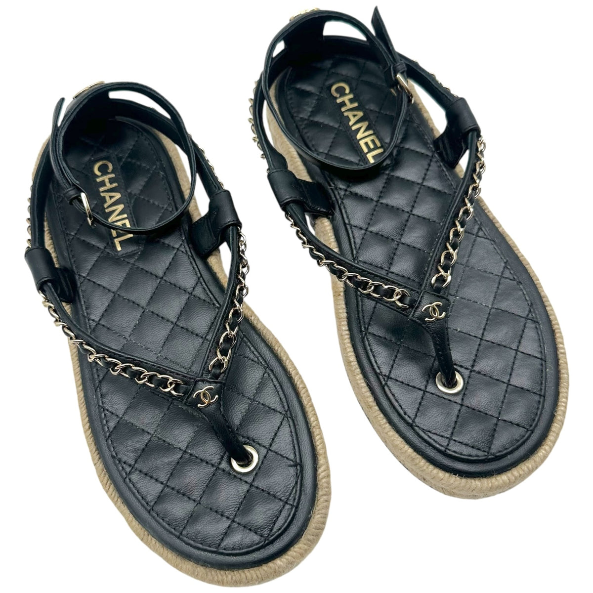 Chanel Black Leather & Jute Gold Chain Thong Flat Sandals