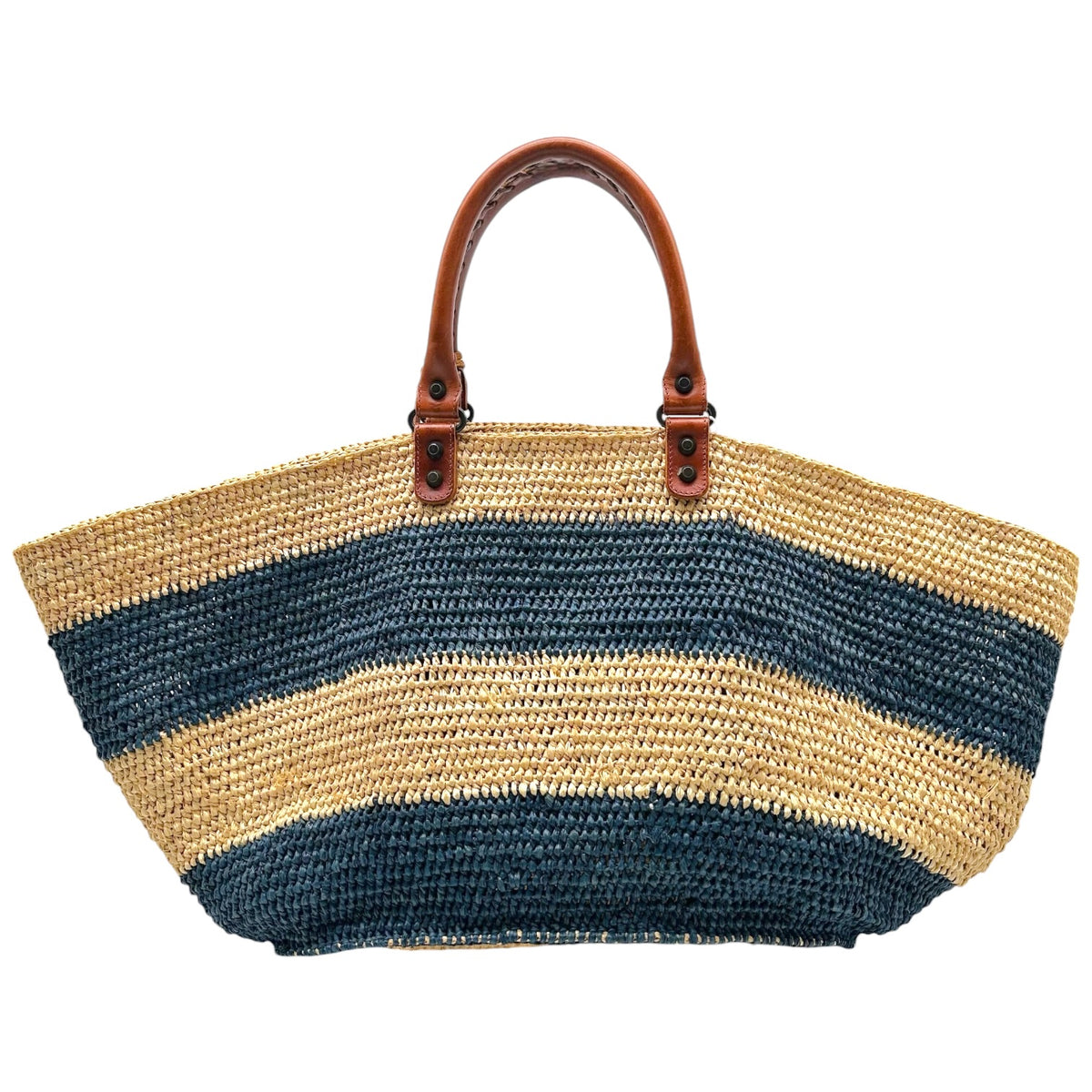 Balenciaga Raffia Beach Tote Bag Navy Blue Beige Stripes