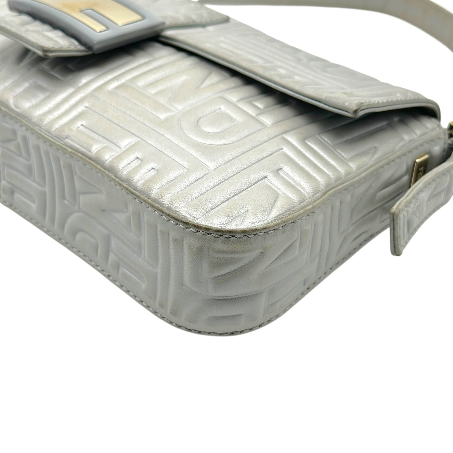 Fendi Silver Logo Embossed & Gold Hardware Baguette Bag