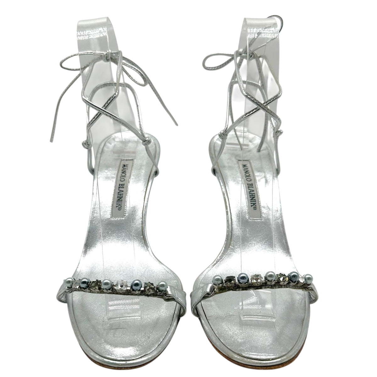 Manolo Blahnik Silver Crystal Pearl Strappy Wrap Heels