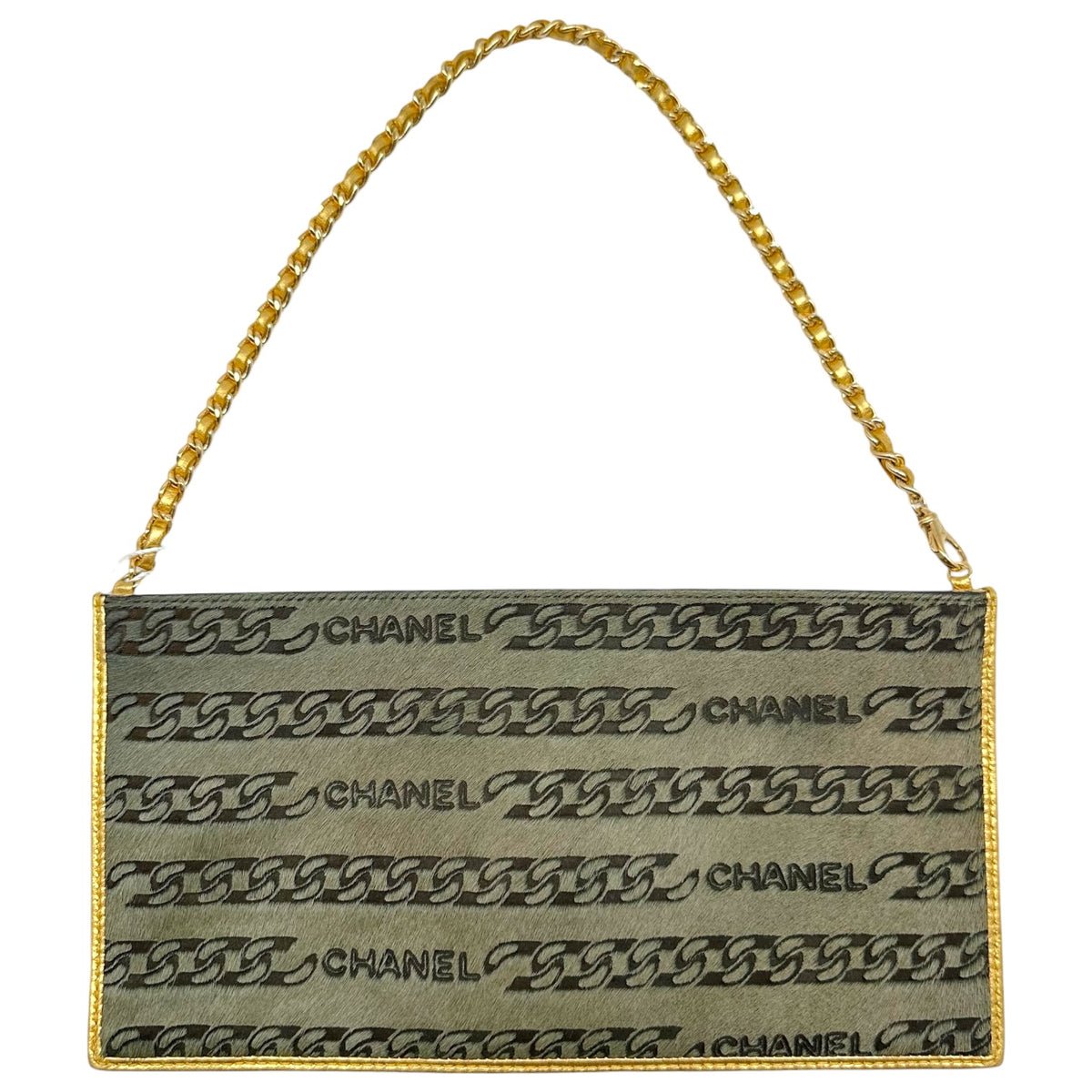 Chanel Pochette Bag Khaki Green Ponyhair Gold Leather
