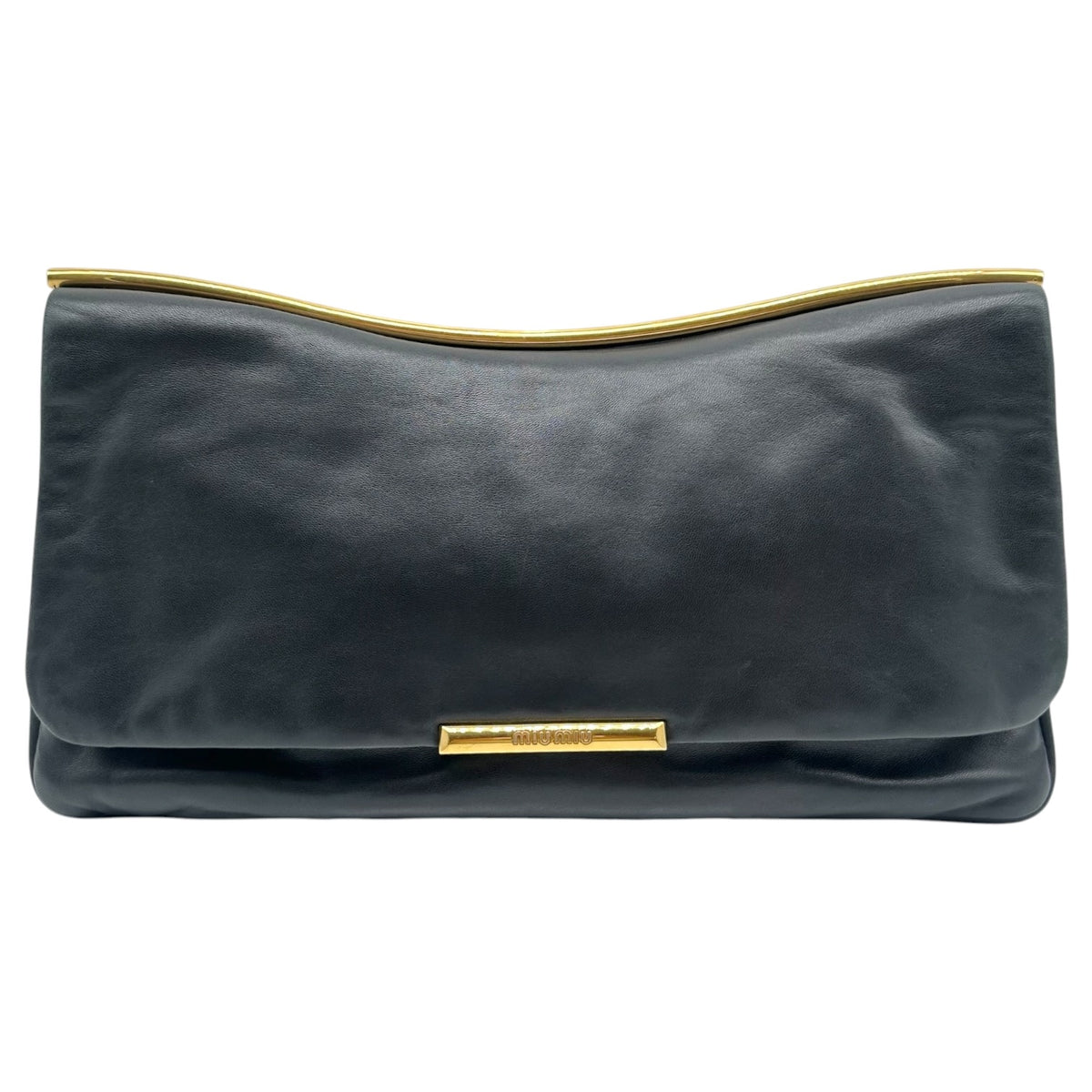 Miu Miu Black Leather Large Clutch Bag with Gold Hardware