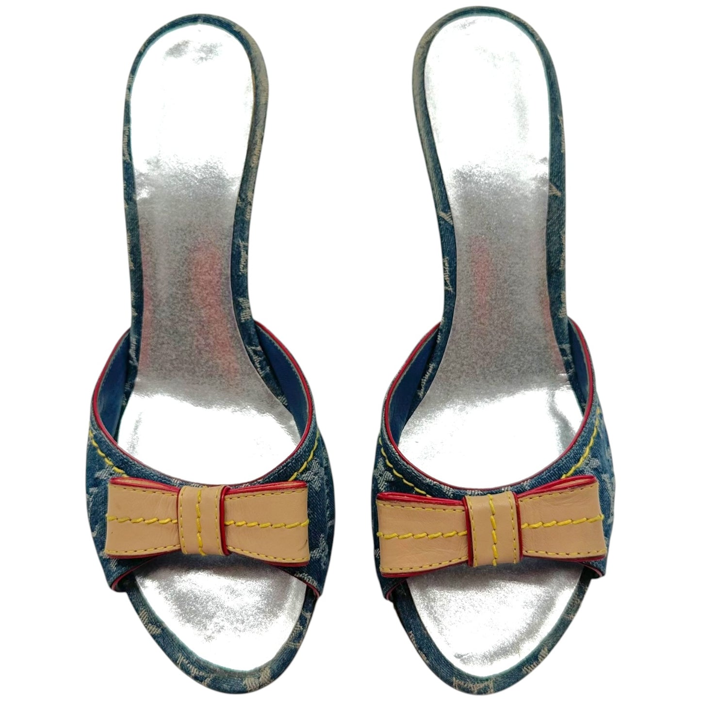 Louis Vuitton Denim Monogram Leather Bow Heeled Mule Sandals