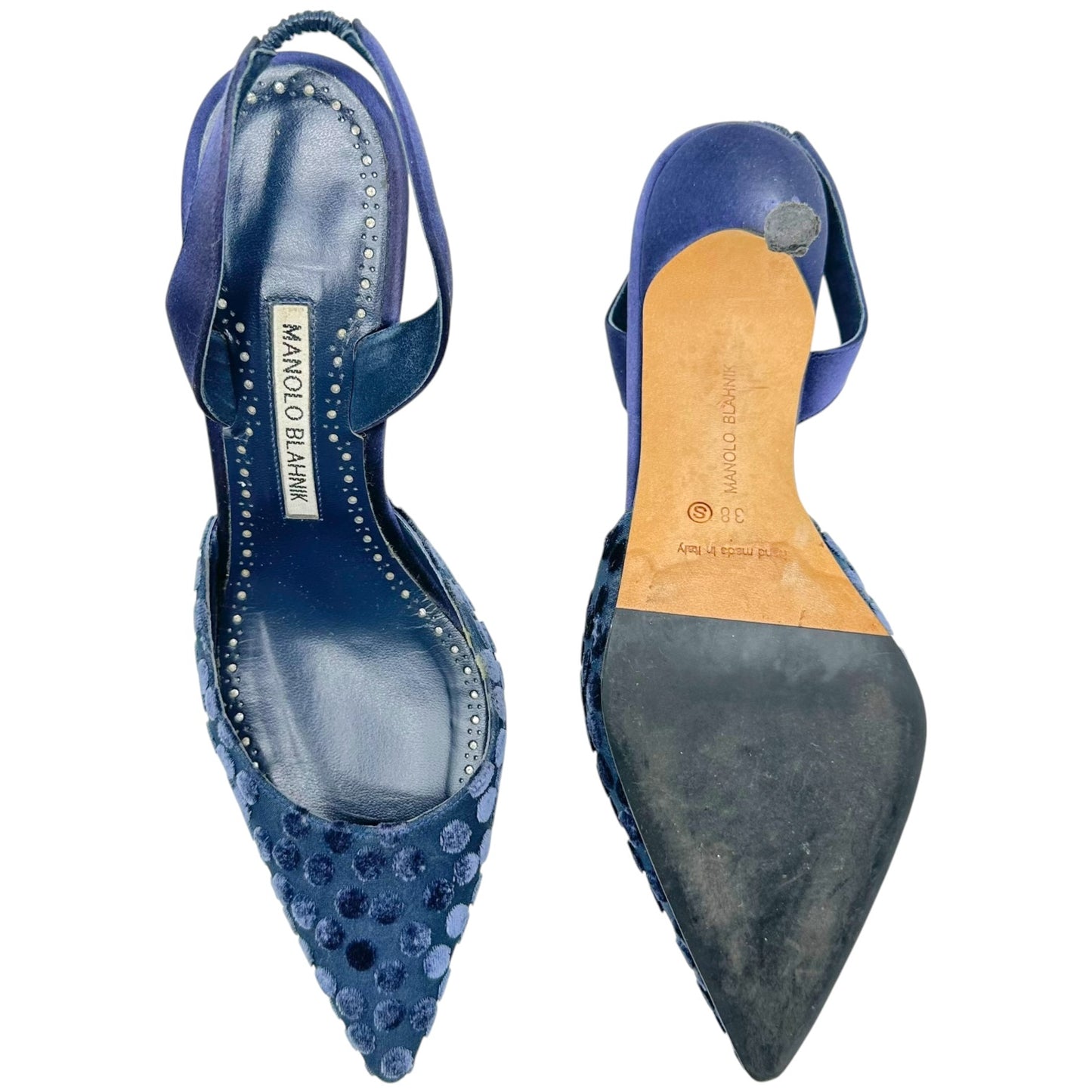 Manolo Blahnik Navy Blue Velvet Polka Dot Slingback Heels