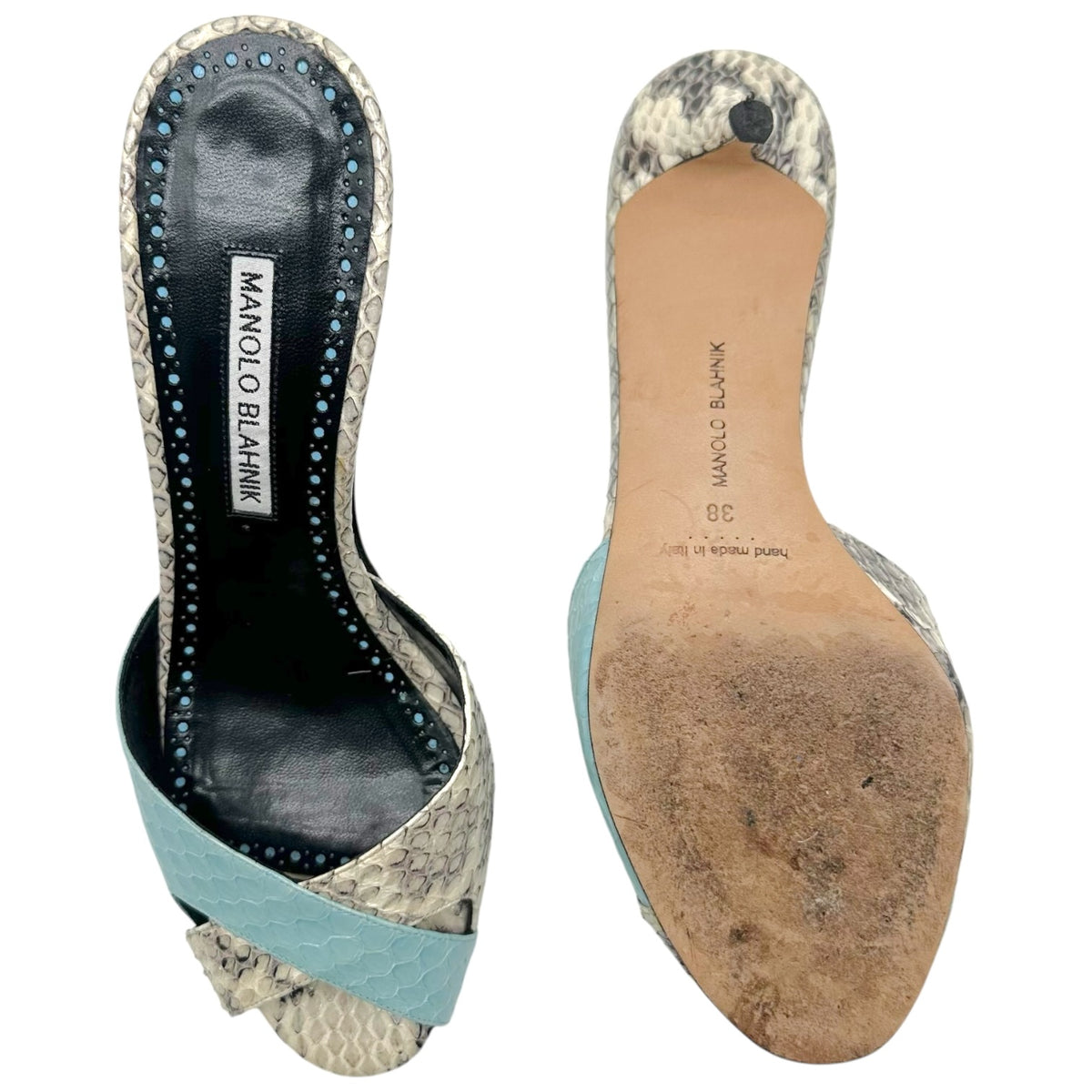 Manolo Blahnik Ivory & Light Blue Python Mule Sandal Heels