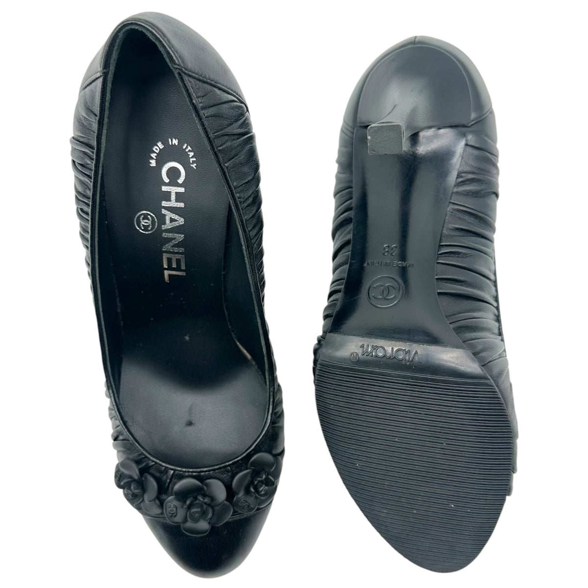 Chanel Black Ruched Leather Camellia Flower Pumps