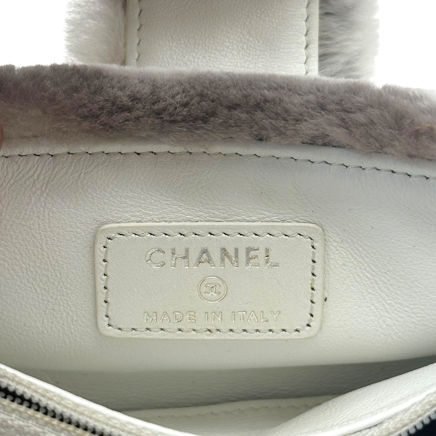 Chanel Gray Rabbit Fur Logo Clutch