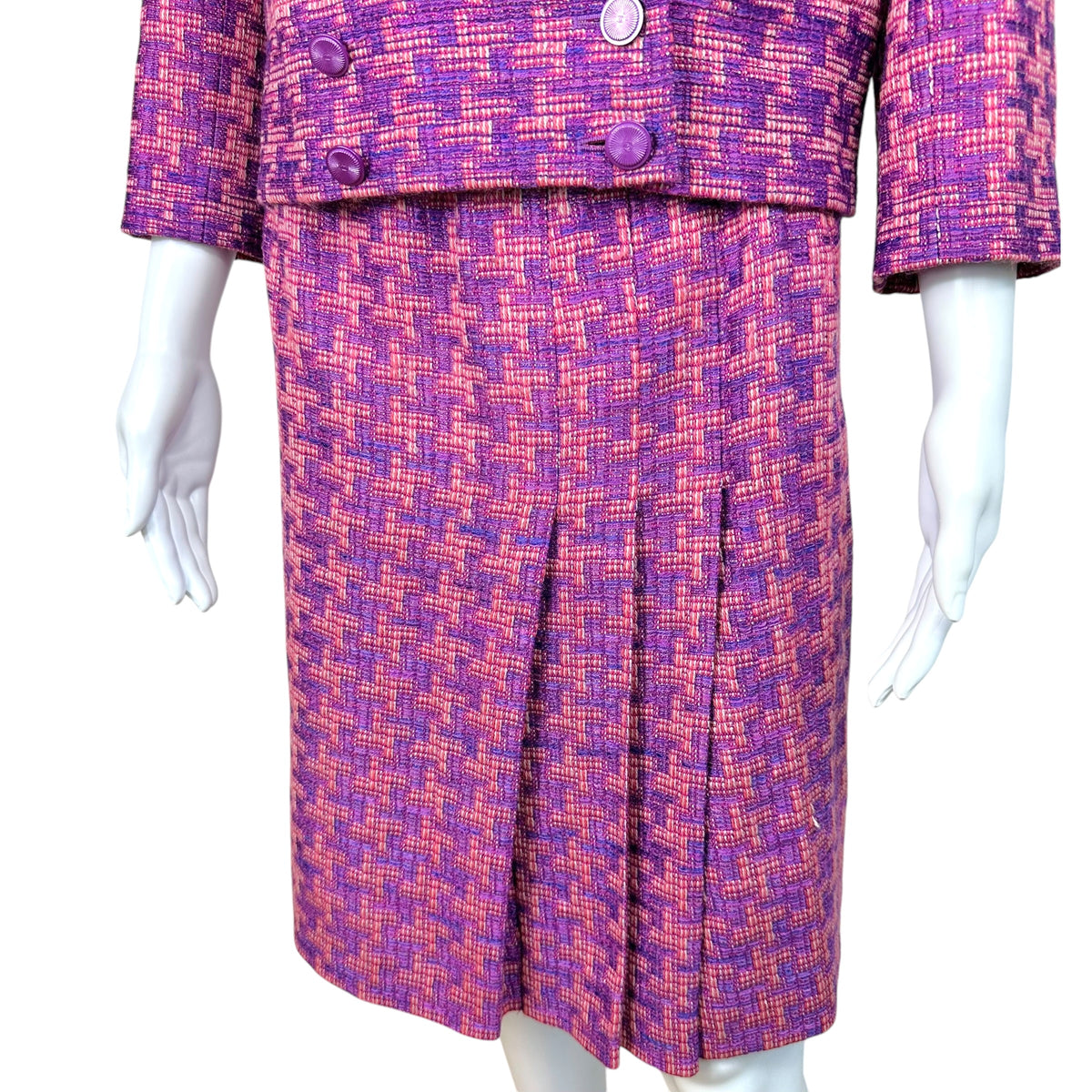 Chanel Pink Purple Houndstooth Tweed Crop Blazer Midi Skirt