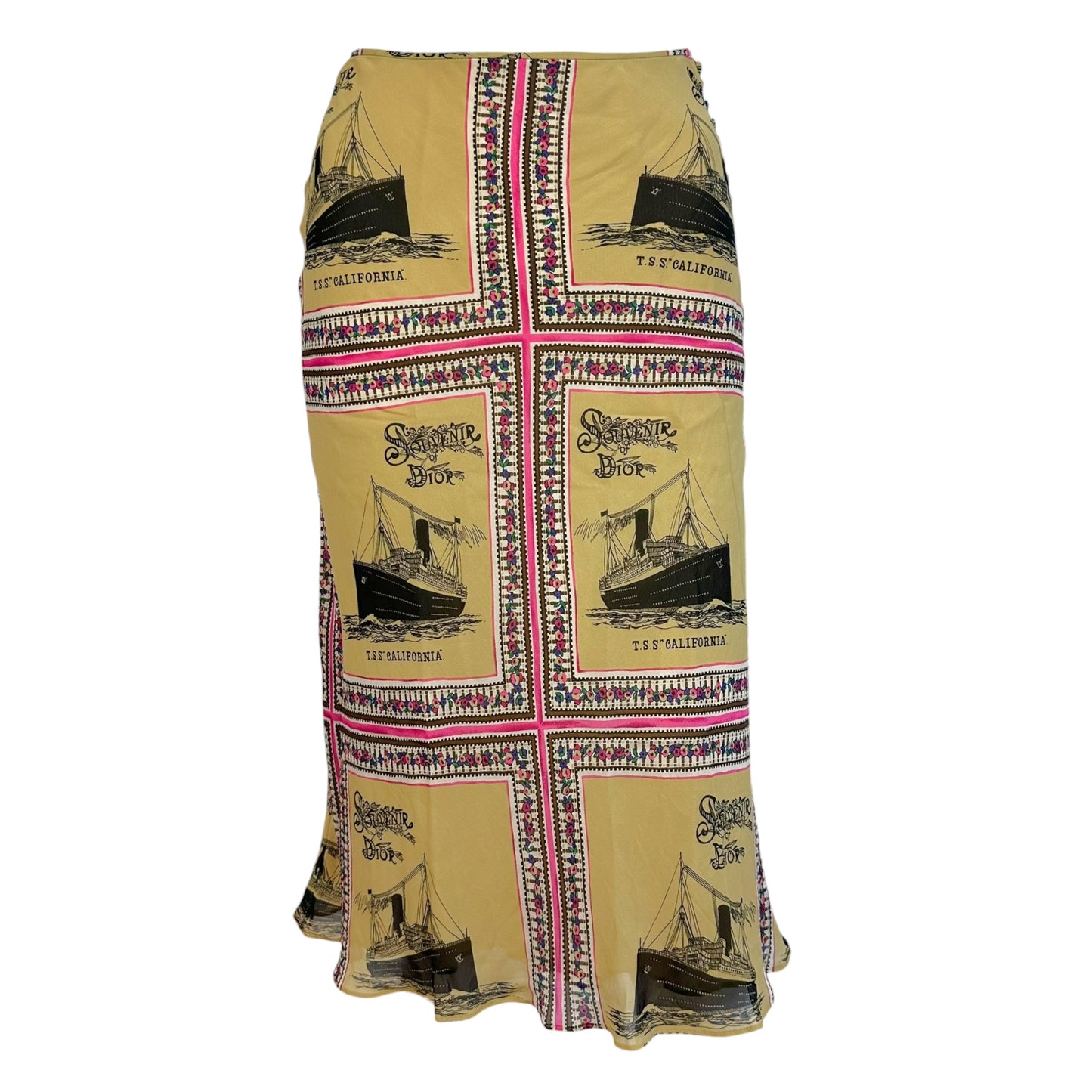 Christian Dior 'Souvenir of Dior' Beige Ship Printed Silk Midi Skirt
