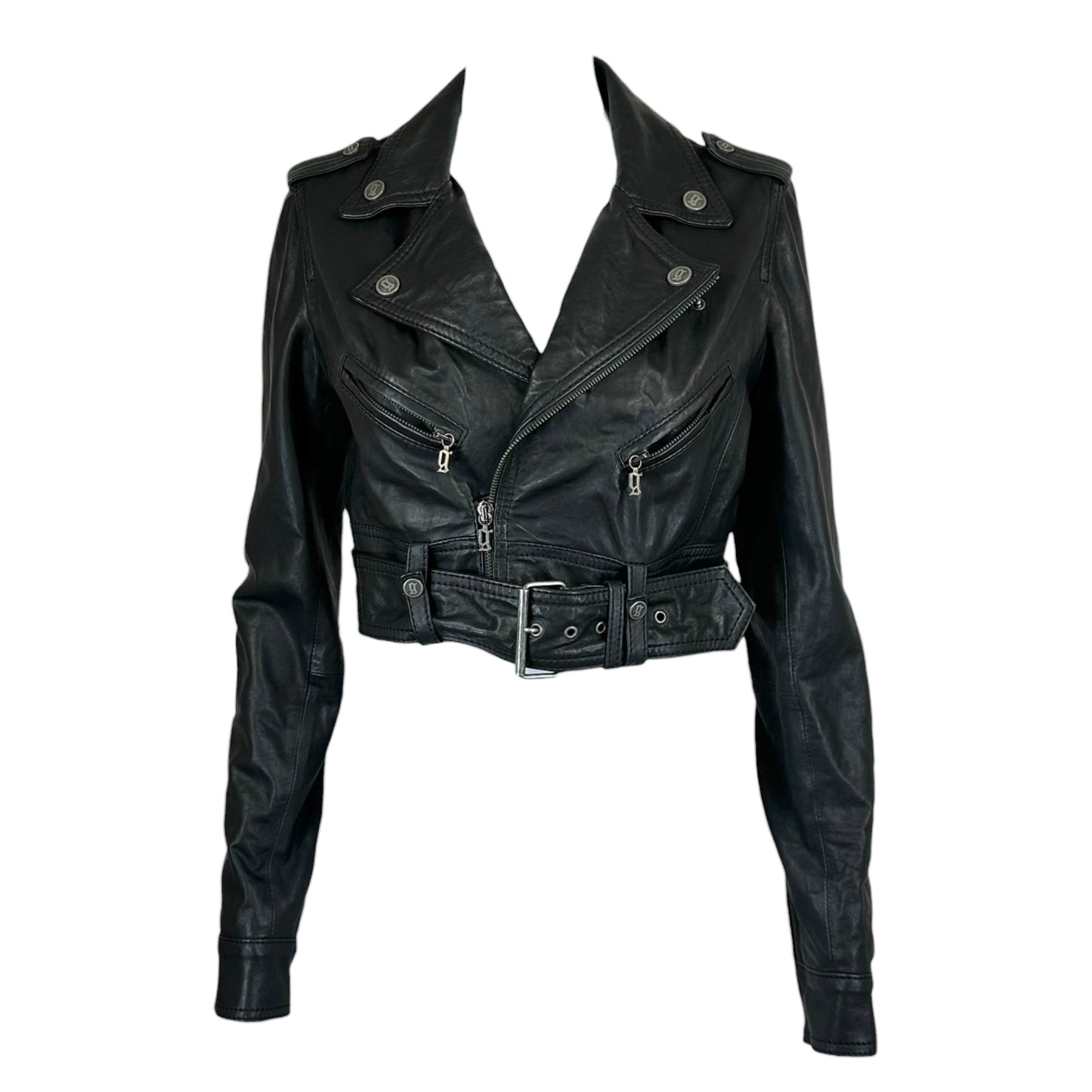 Galliano Black Leather Cropped Moto Jacket