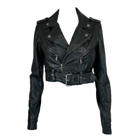 Galliano Black Leather Cropped Moto Jacket