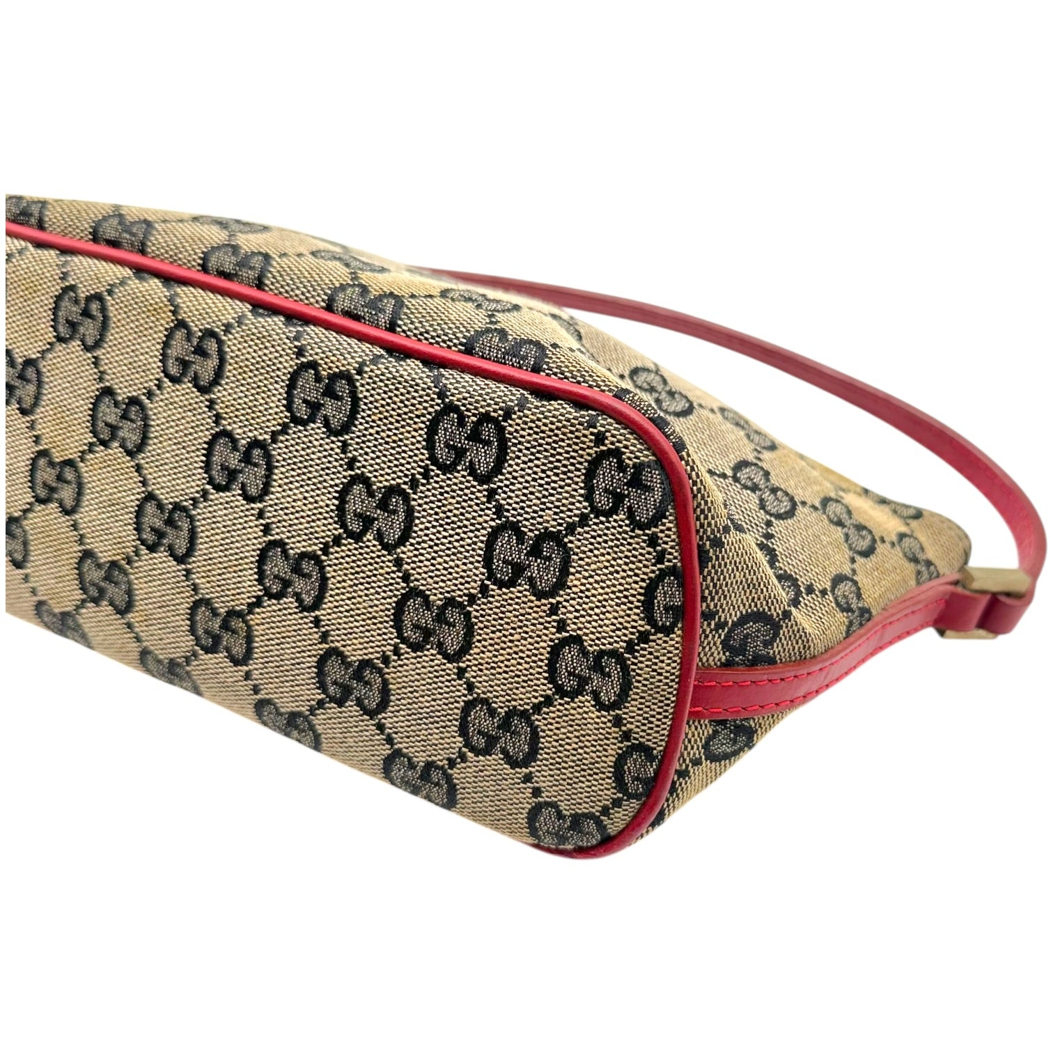 Gucci Red Leather Gray Monogram Boat Pochette Bag
