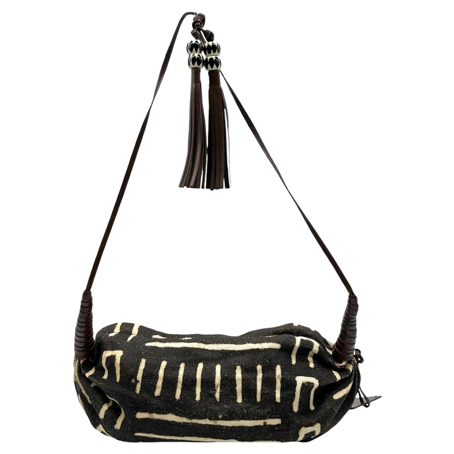 Ralph Lauren Brown & Ivory Ethnic Printed Fringe Trim Crossbody Bag