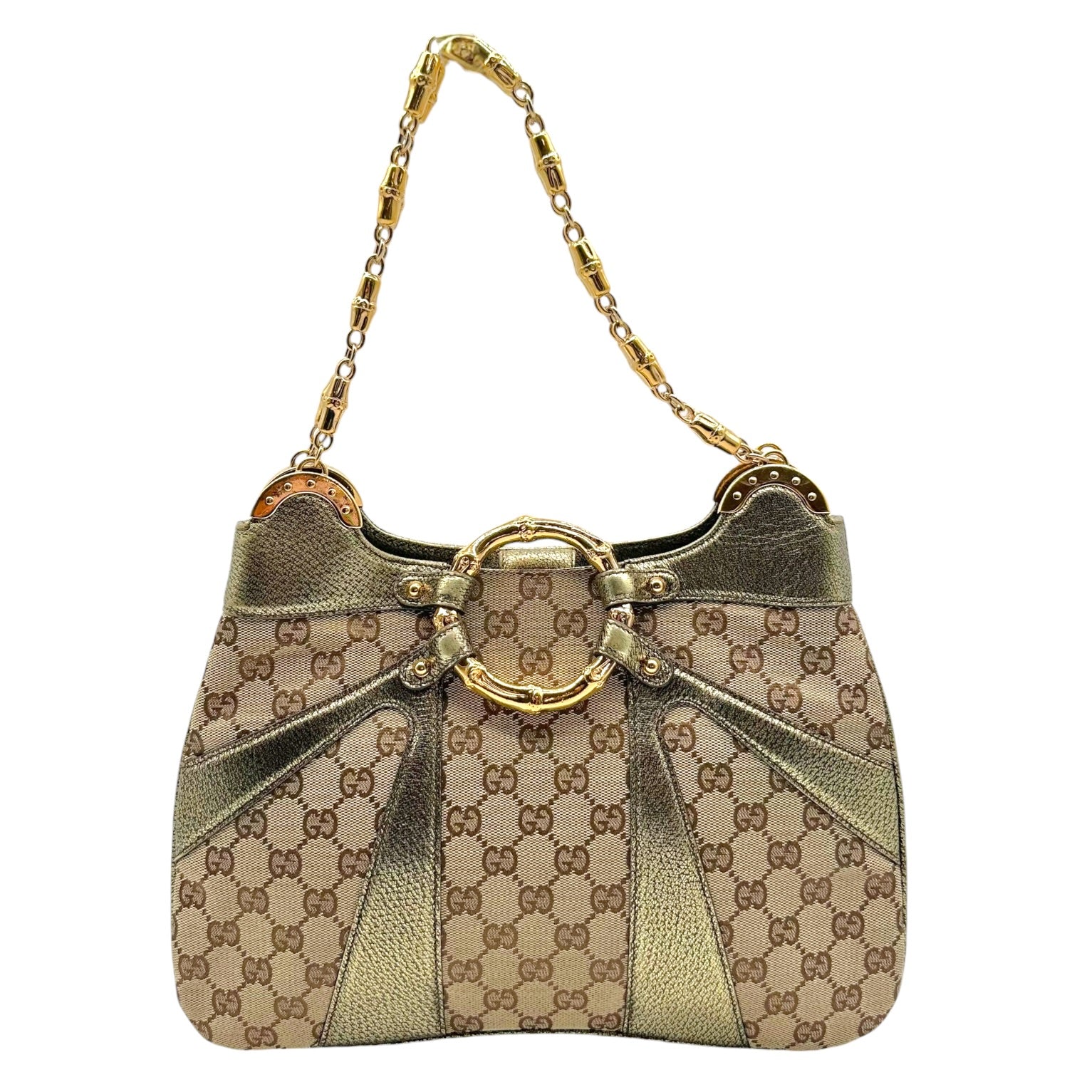 Gucci Shoulder Bag Tan Monogram Gold Bamboo Accents