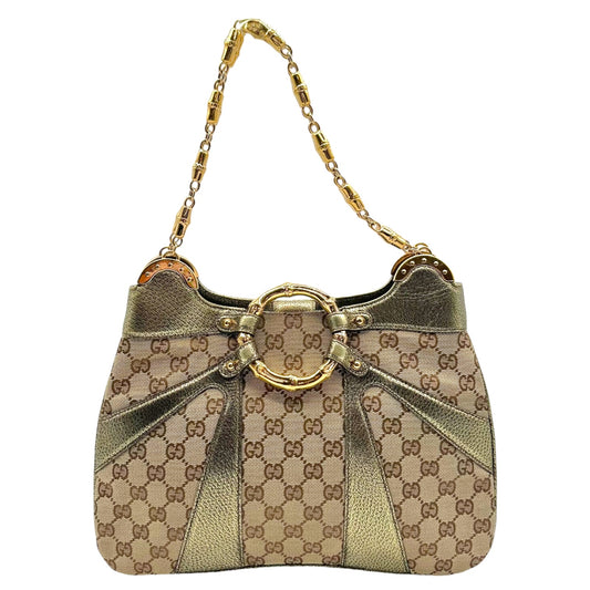 Gucci by Tom Ford 2004 Gold Bamboo & Tan Monogram Shoulder Bag