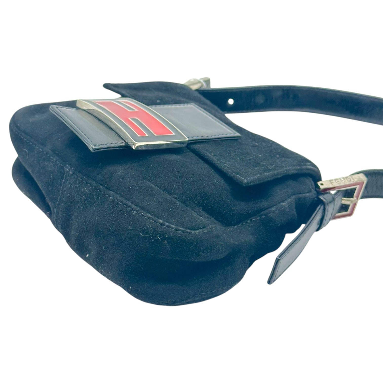 Fendi Black Suede Mini Baguette Bag with Red Buckle