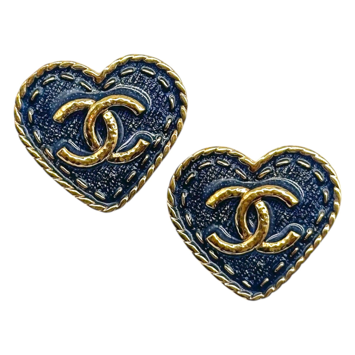 Chanel Spring 2024 Gold & Denim CC Logo Heart Clip-On Earrings