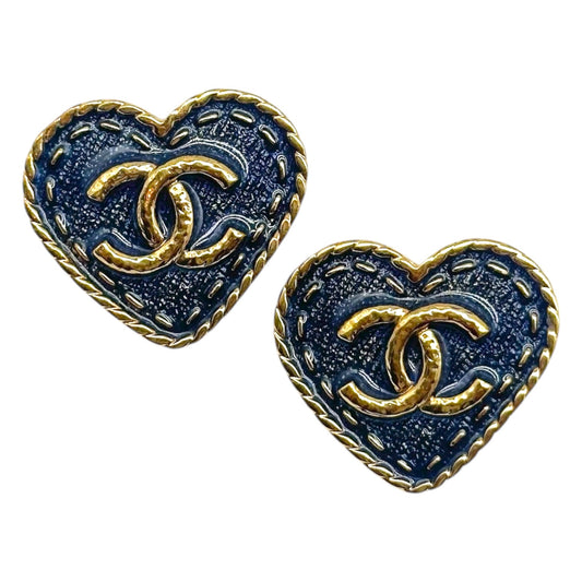 Chanel Clip-On Earrings Gold Denim Heart CC Logo