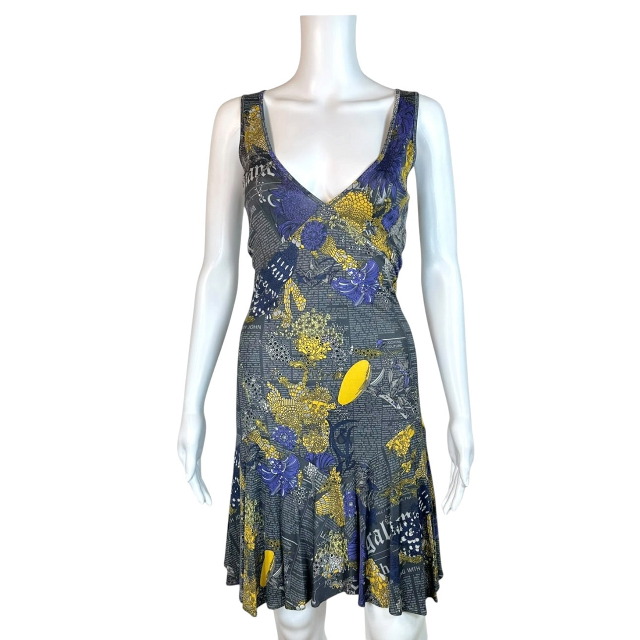 Galliano Midi Dress Purple Yellow Floral Print V-Neck