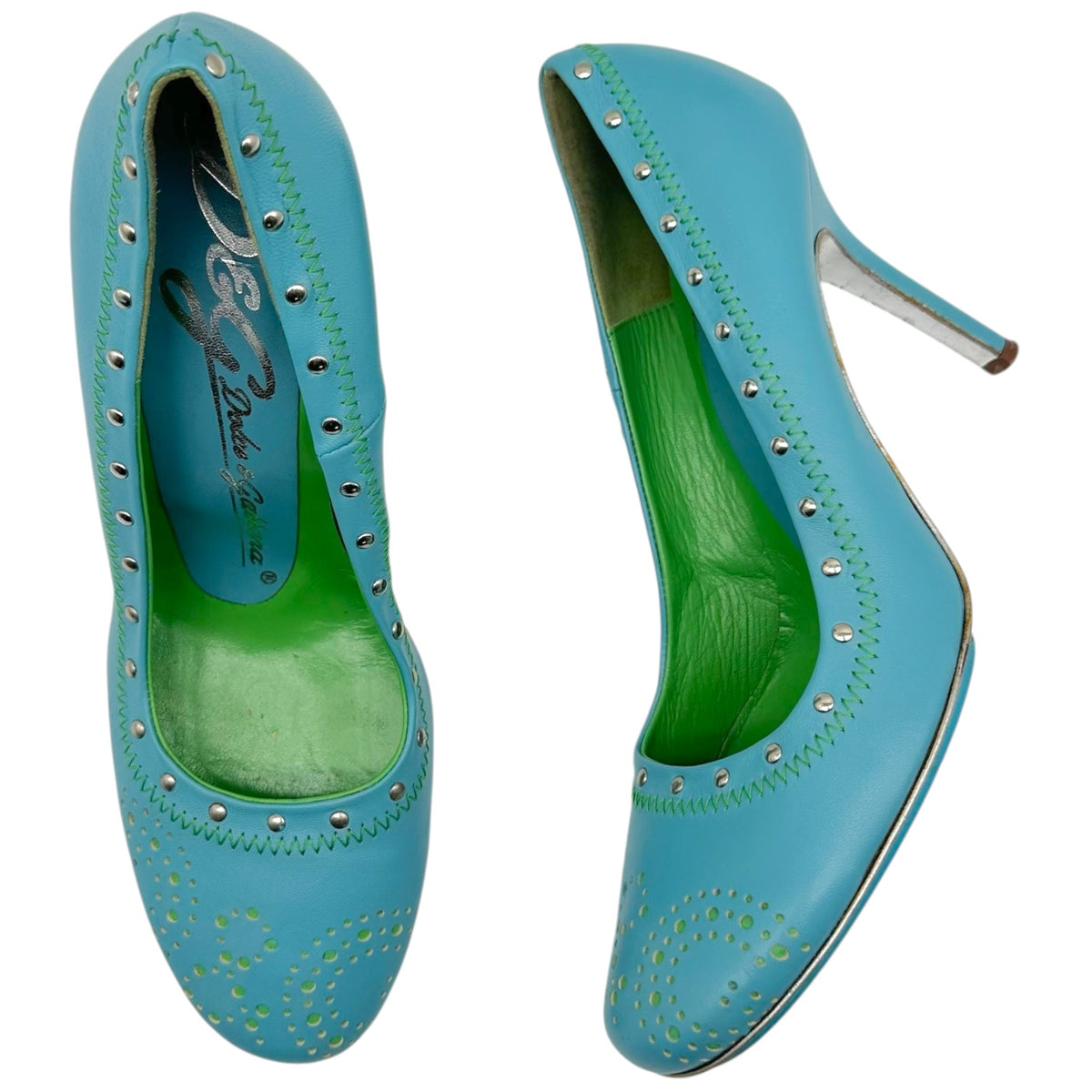 D&G Dolce & Gabbana Turquoise & Green Studded Logo Heels