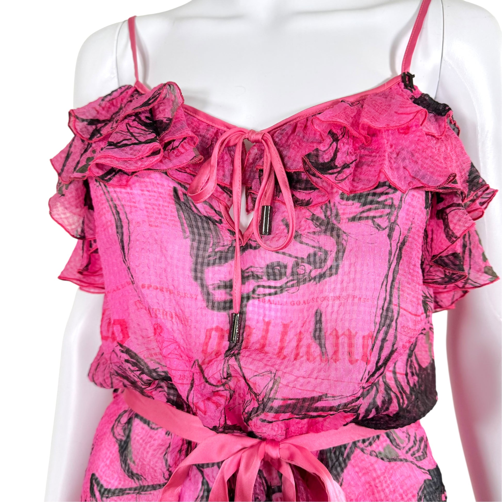 Galliano Sheer Silk Mini Dress Pink Black Gazette Print