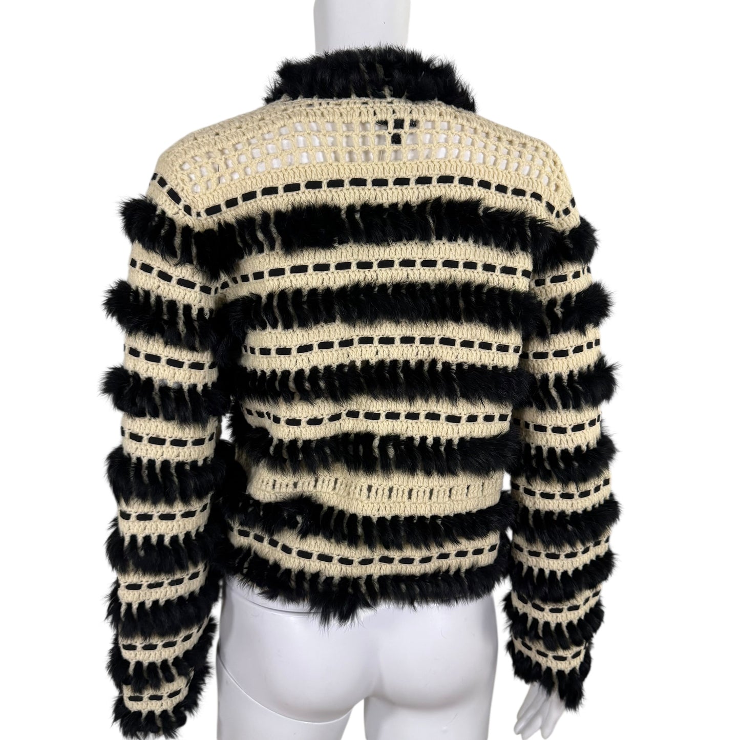 Just Cavalli Roberto Cavalli Black Rabbit Fur & Ivory Knit Cardigan