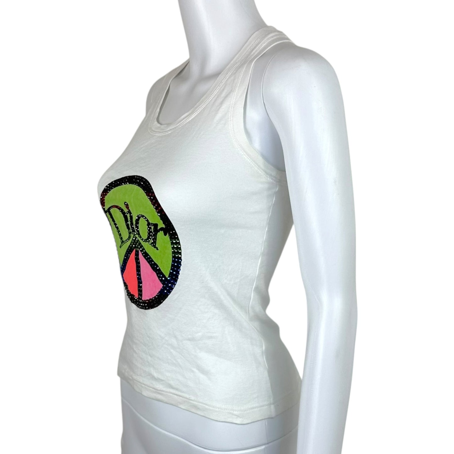 Christian Dior White Multicolor Rhinestone Peace Sign Tank